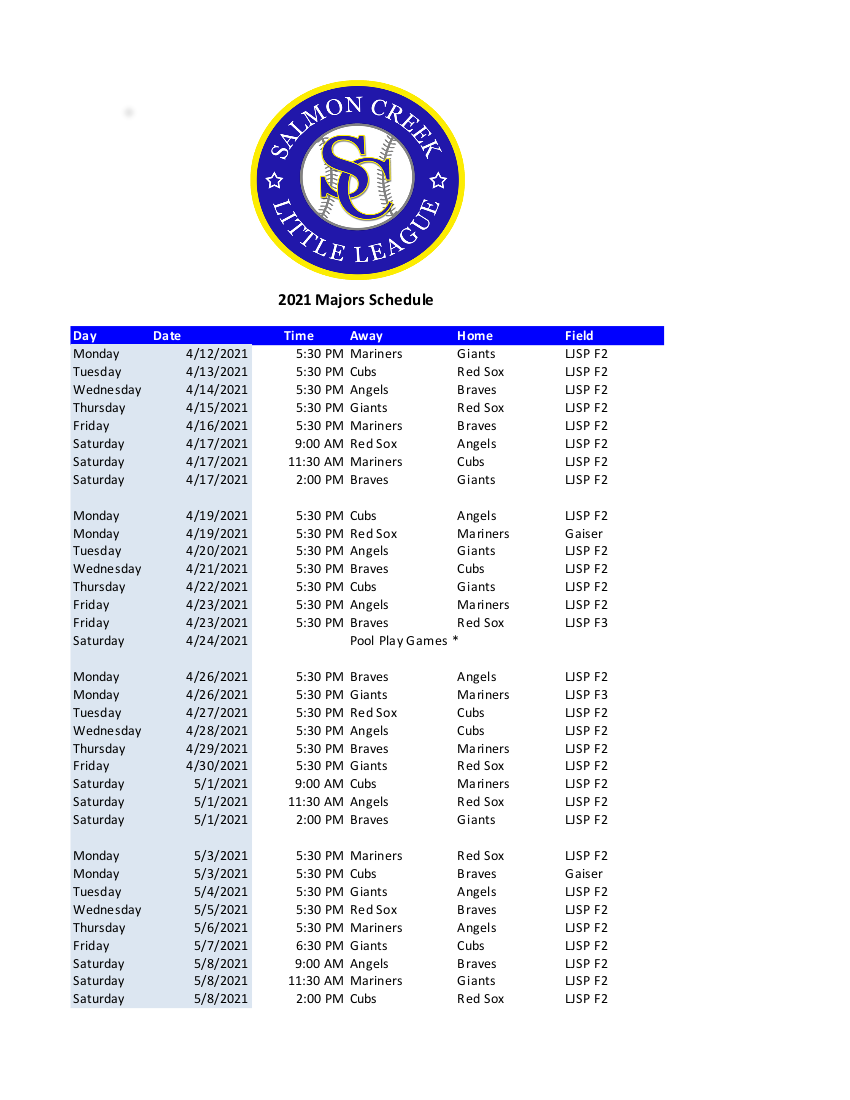 Majors Schedule Majors Schedule