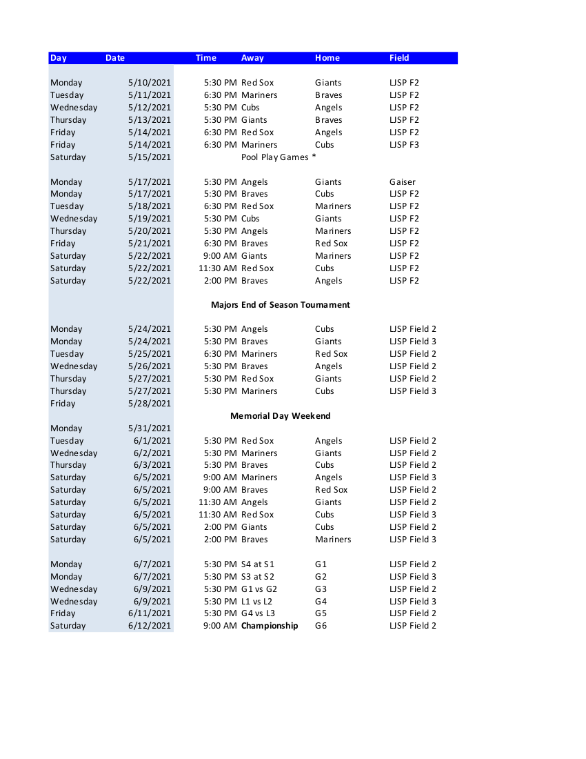 majors-schedule